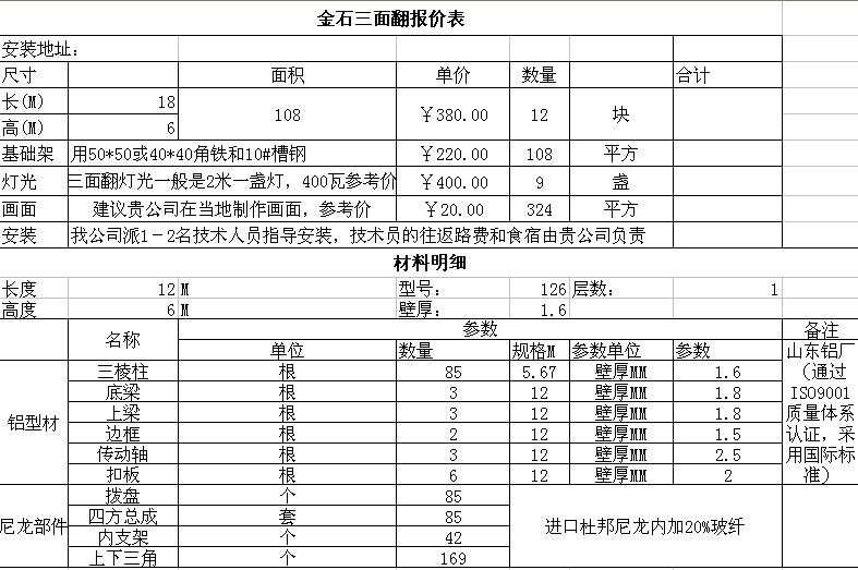 金石三面翻報價單